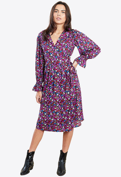 Purple Floral Print Midi Tie Waist Wrap Dress