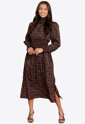 Multi Floral High Shirred Neck And Waist Midi Dress