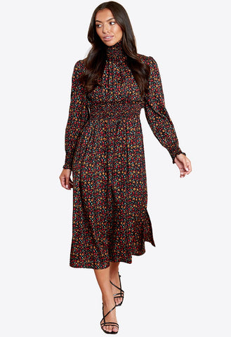 Multi Floral High Shirred Neck And Waist Midi Dress