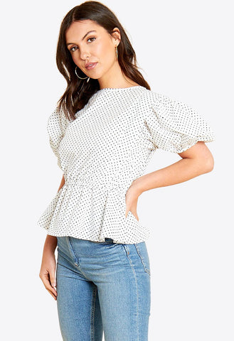 White Black Mini Polka Dot Puff Sleeves Peplum Hem Top