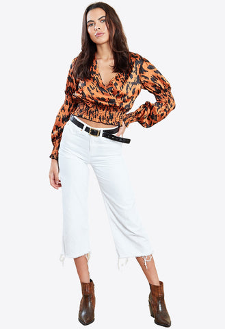 Tan Shirred Animal Print Satin Wrap Crop Top