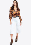 Tan Shirred Animal Print Satin Wrap Crop Top