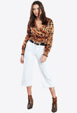 Tan Shirred Animal Print Satin Wrap Crop Top