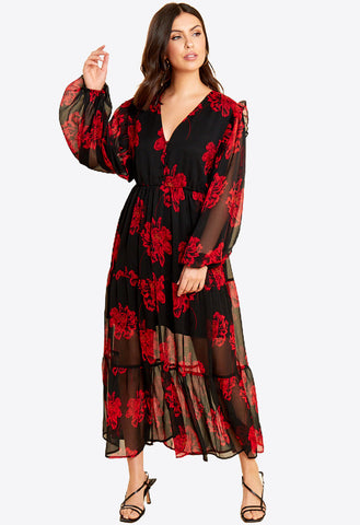 Black Red Floral Tiered Balloon Sleeves Maxi Tea Dress