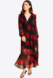 Black Red Floral Tiered Balloon Sleeves Maxi Tea Dress