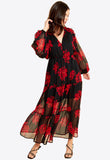 Black Red Floral Tiered Balloon Sleeves Maxi Tea Dress