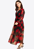 Black Red Floral Tiered Balloon Sleeves Maxi Tea Dress