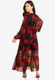 Black Red Floral Tiered Balloon Sleeves Maxi Tea Dress