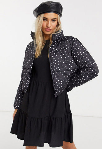 Black Ditsy Heart Print Padded Jacket