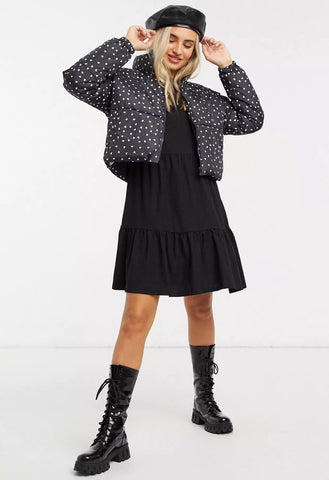 Black Ditsy Heart Print Padded Jacket