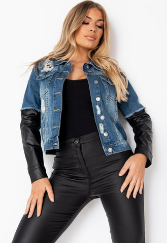 Mid Blue Faux Leather Denim Jacket