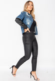 Mid Blue Faux Leather Denim Jacket