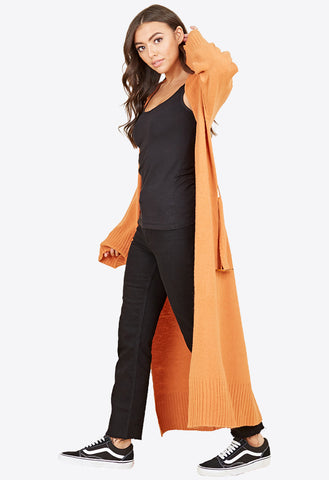 Orange Knitted Longline Belted Cardigan