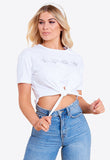 White Love Scribble Print Tie Front Cropped T-Shirt