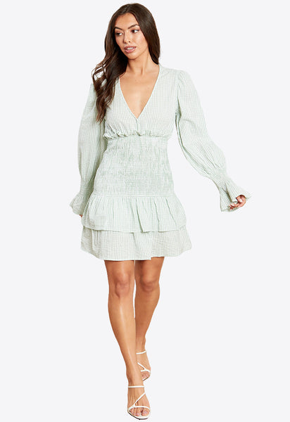 Sage Green Gingham Plunge Shirred Mini Dress