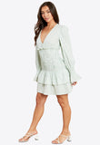 Sage Green Gingham Plunge Shirred Mini Dress