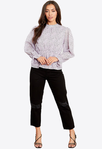 Lilac High Neck Ruffle Cuff Blouse