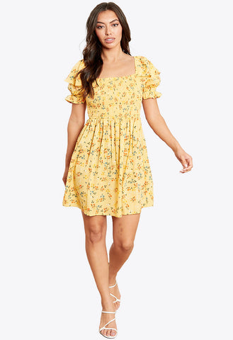 Yellow Ruffle Sleeves Shirred Mini Dress