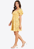 Yellow Ruffle Sleeves Shirred Mini Dress