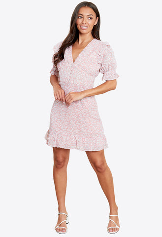 Pink Floral Ruffle Frill Button Detail Mini Dress