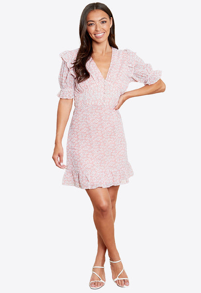 Pink Floral Ruffle Frill Button Detail Mini Dress