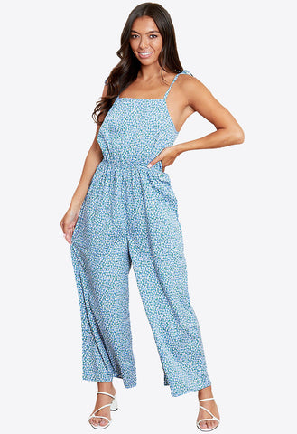 Blue Floral Ditsy Print Square Neck Jumpsuit