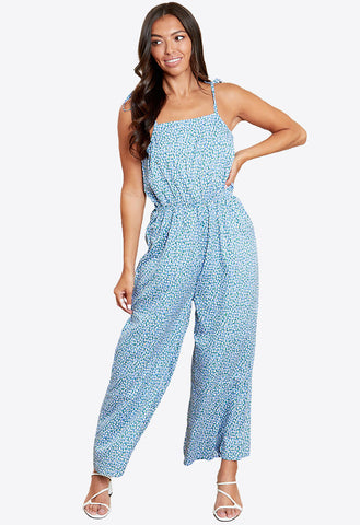 Blue Floral Ditsy Print Square Neck Jumpsuit