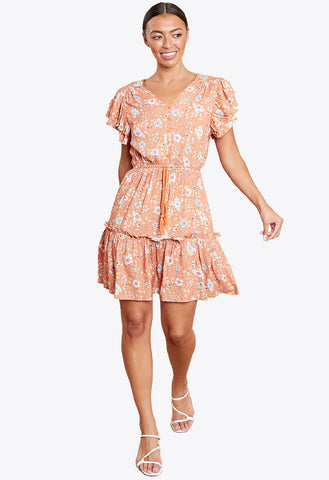 Orange Floral Print Frill Sleeves Mini Skater Dress