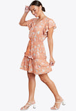 Orange Floral Print Frill Sleeves Mini Skater Dress