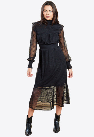 Black High Neck Mesh Midi Dress With Shirring