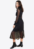 Black High Neck Mesh Midi Dress With Shirring