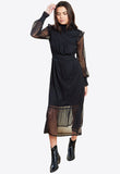 Black High Neck Mesh Midi Dress With Shirring