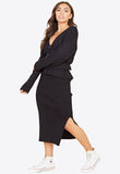 Black Chunky Knitted Ribbed Belted Cardigan And Skirt Set