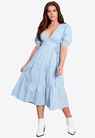 Blue Spot Cotton Wrap Midi Dress