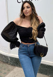 Black Ruched Balloon Sleeve Square Neck Crop Top