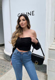 Black Ruched Balloon Sleeve Square Neck Crop Top