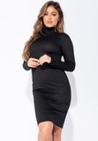 Black Rib Knit High Neck Bodycon Midi Dress