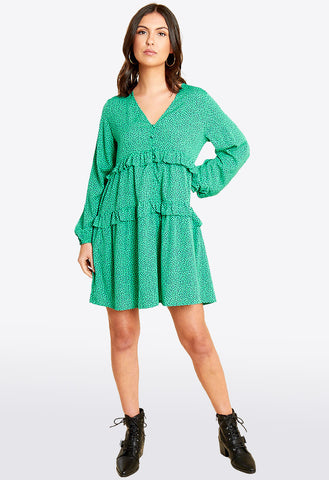 Green Black Splodge Print Ruffle Detail Smock Dress