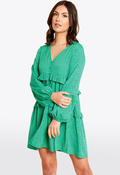 Green Black Splodge Print Ruffle Detail Smock Dress