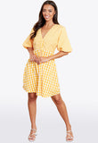 Yellow Gingham Ruched Front Puff Sleeve Skater Dress