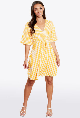 Yellow Gingham Ruched Front Puff Sleeve Skater Dress