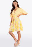 Yellow Gingham Ruched Front Puff Sleeve Skater Dress