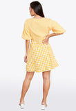 Yellow Gingham Ruched Front Puff Sleeve Skater Dress