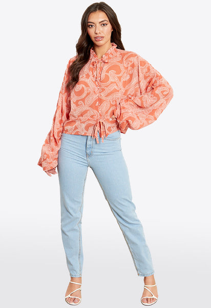 Orange Paloma Paisley Drawstring Sleeve Peplum Blouse