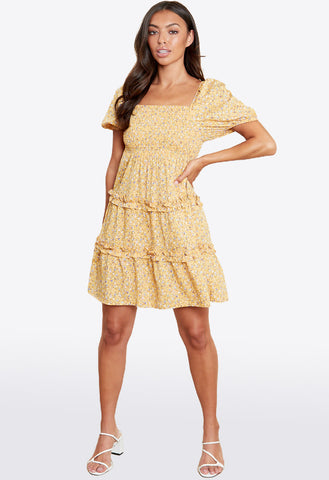 Mustard Ditsy Print Square Neck Tiered Frill Smock Mini Dress