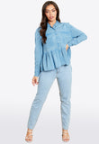 Blue Chambray Oversized Peplum Shirt With Pockets