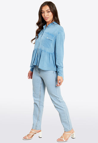 Blue Chambray Oversized Peplum Shirt With Pockets