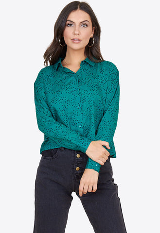 Teal Scattered Heart Cropped Long Sleeve Shirt