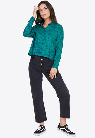 Teal Scattered Heart Cropped Long Sleeve Shirt