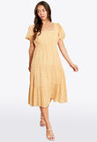 Yellow Square Neck Open Tie Back Tiered Midi Dress